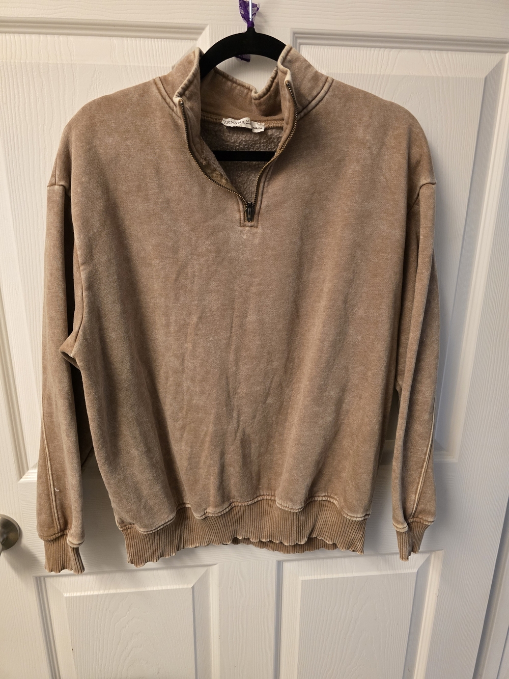 Zenana Outfitters Women's Zip-Neck Pullover Sweater - Beige/Tan